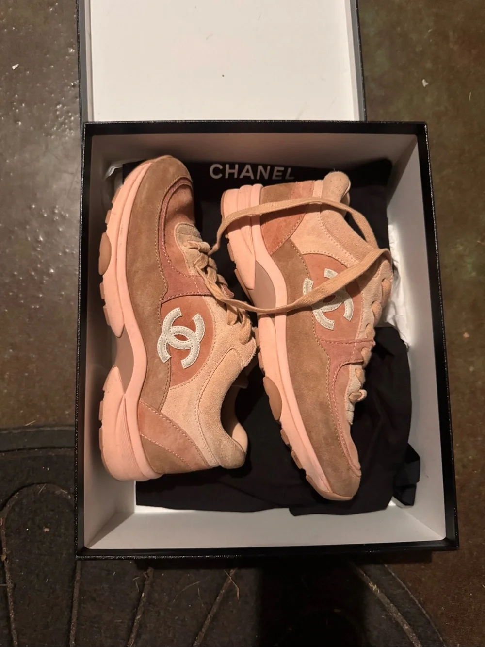CHANEL Women's Pink & Tan Suede Runner Sneakers